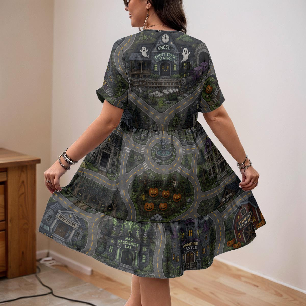 Spooky Season Women’s Floral V-Neck Short Sleeve Dress