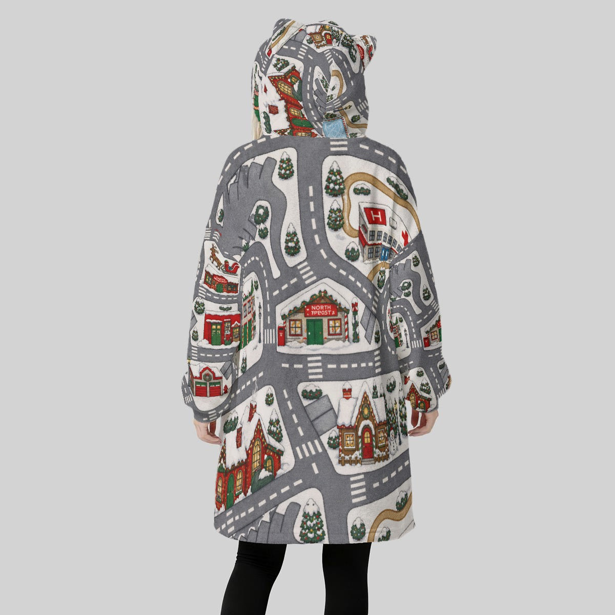 Christmas Theme Women's Fleece Oversized Hoodie Blanket With Decorative Ears